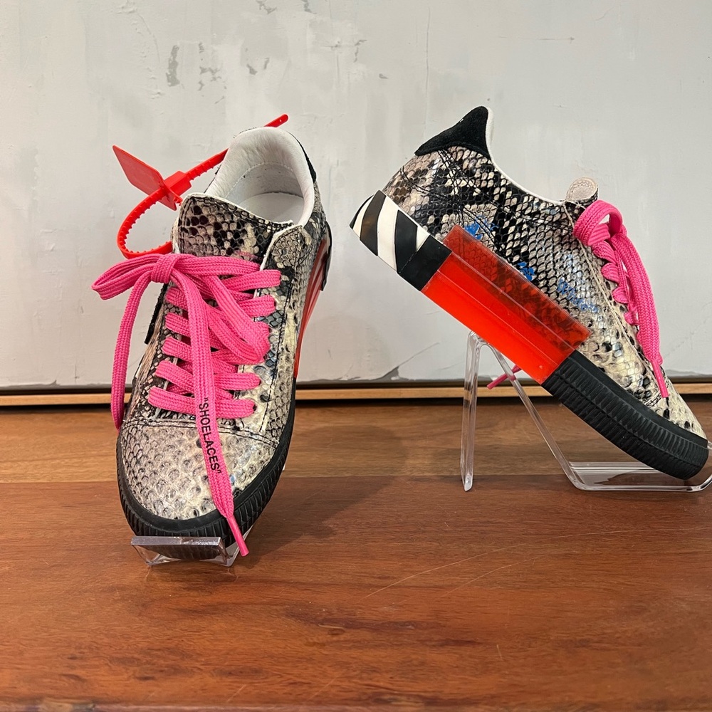Off-White Snakeskin Sneakers with Pink and Black Accents